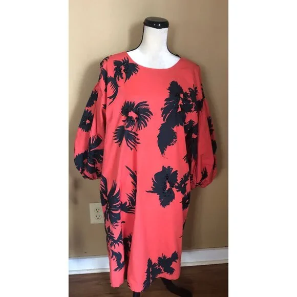 Atsu Anthropologie red black beaded floral puff statement sleeve shift dress - Picture 5 of 7